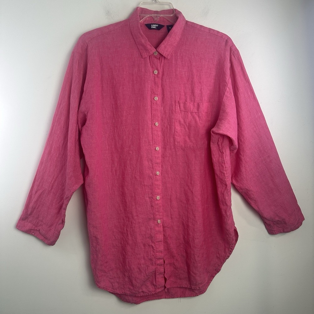 LANDS END‎ pink 100% linen long sleeve blouse top Women's XL